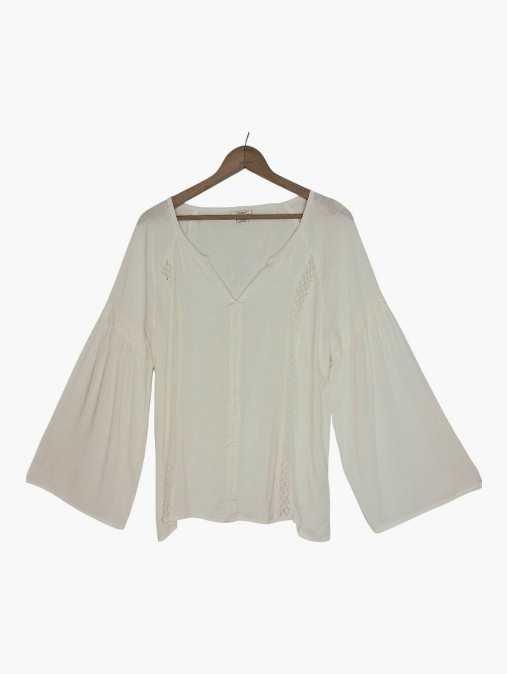 Ariat Lace Trim Bell Sleeve Tunic Blouse Top Sz Large Off White